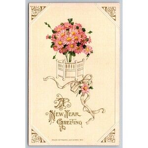 Postcard New Year Greeting Pink Flowers Embossed John Winsch 1913 Unposted VTG